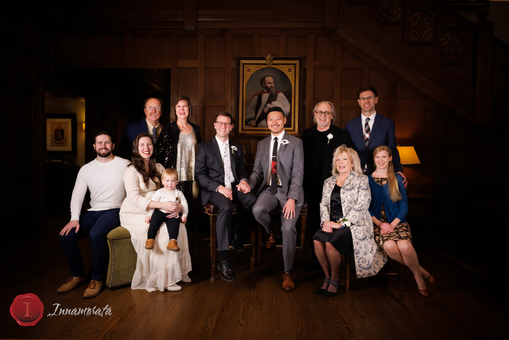 A polished and perfectly posed family portrait following a wedding ceremony at Sewanee Inn